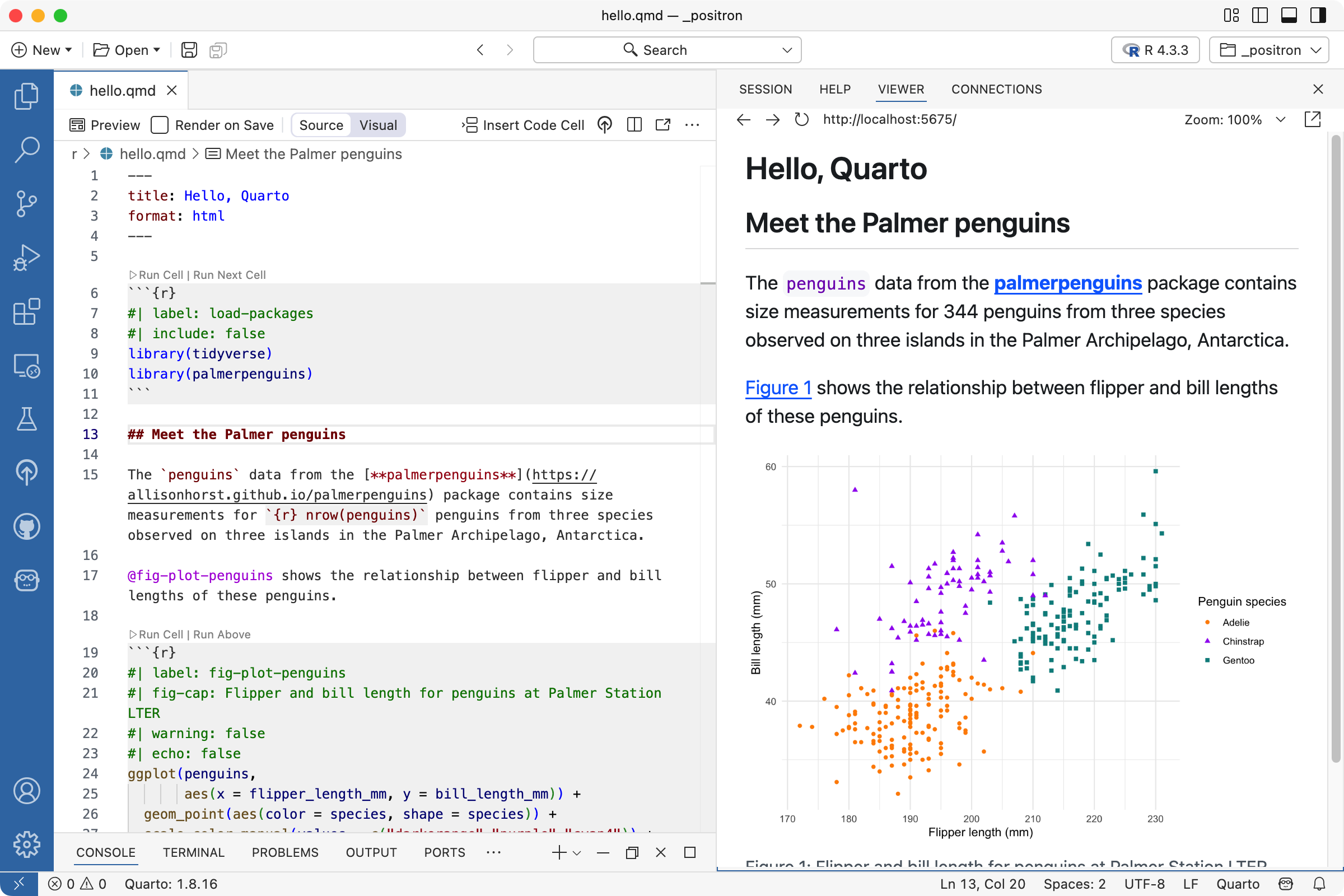 Positron with `hello.qmd` open in the Editor, and a preview open in the Viewer. The Editor shows a markdown section updated to 'Meet the Palmer penguins', the Viewer shows the same updated section title.
